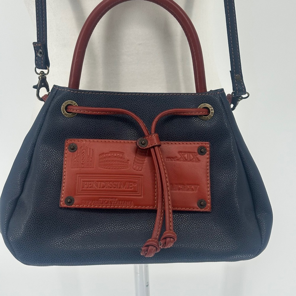 Italian Leather Fendissimme Drawstring Hand Bag‎ Navy Brown Convertible Strap